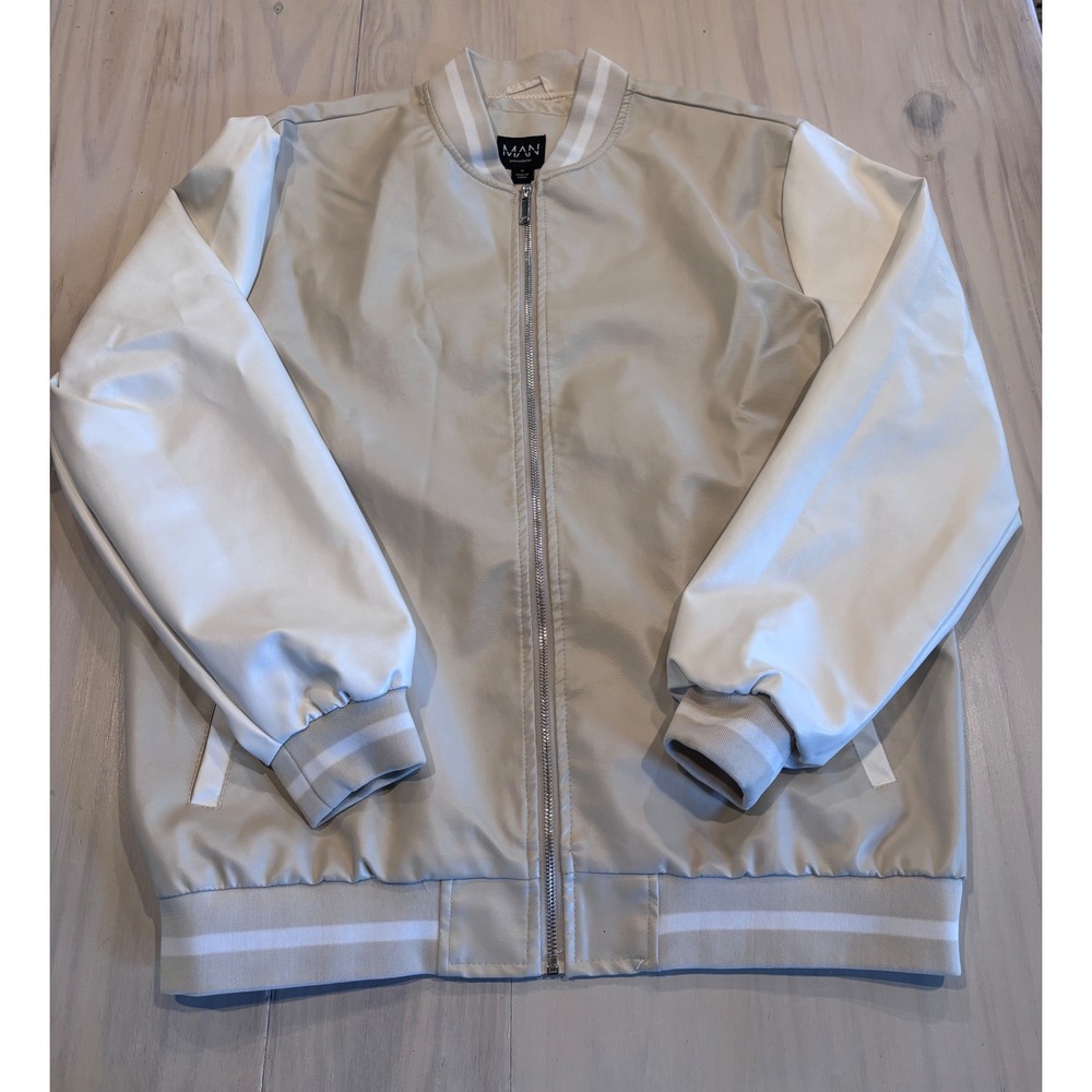 boohooMAN Mens XL Faux Leather Varsity Bomber Jacket Beige White Full Zip Casual